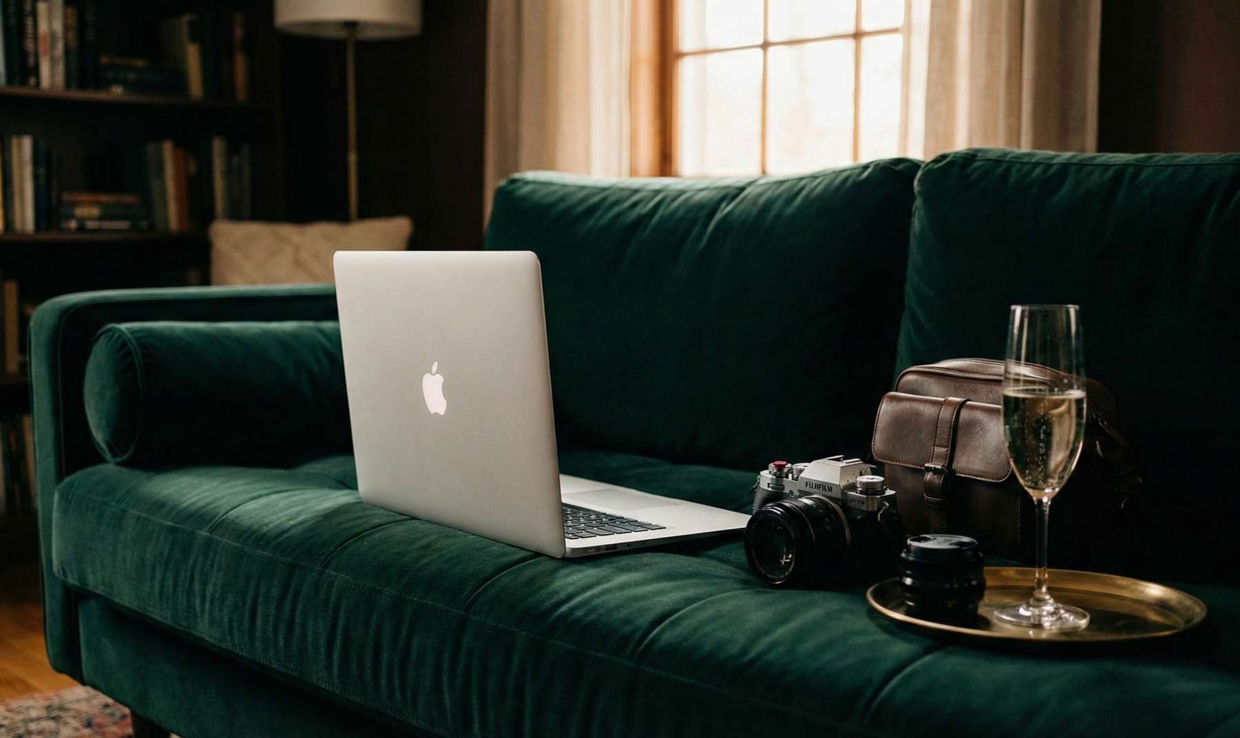 An aesthetic, moody lifestyle shot of a sleek modern laptop on a velvet couch, next to professional camera equipment and a glass of champagne.
