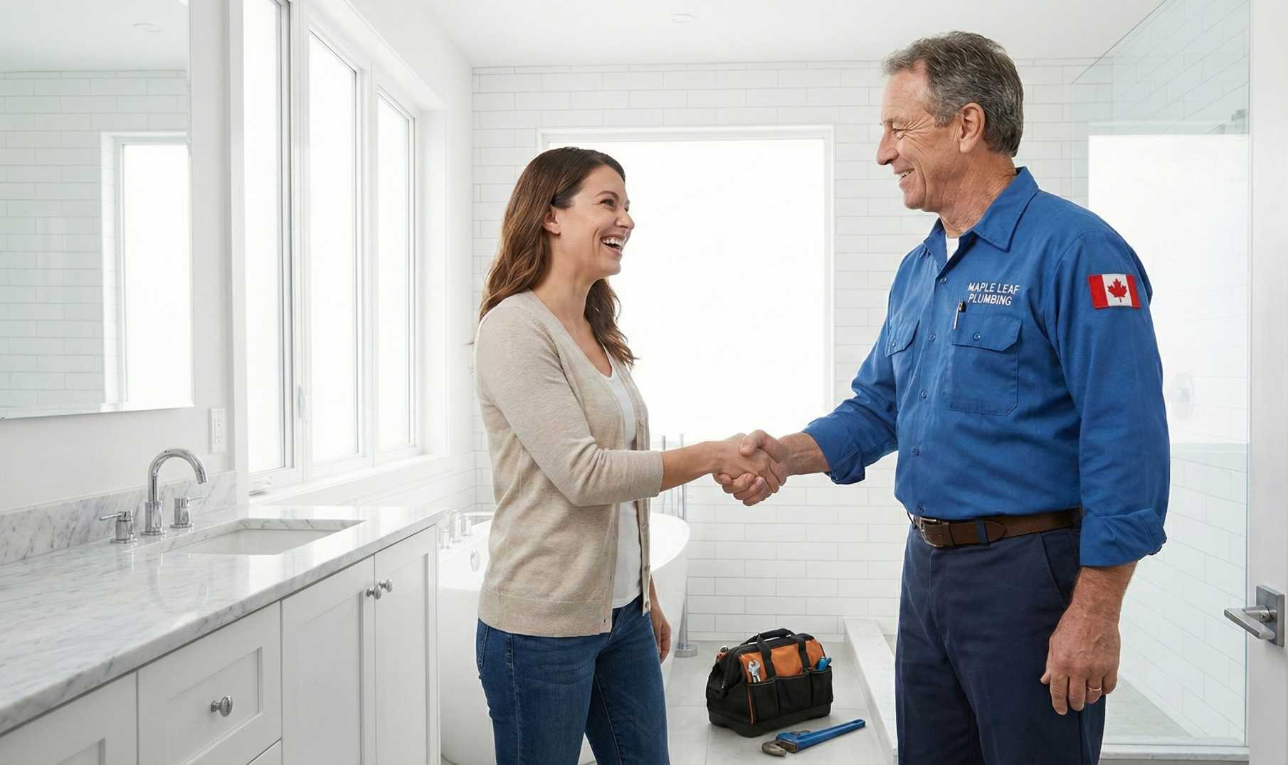 Plumbing business owner shaking hands with a happy customer in a home